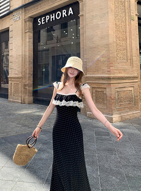 Ashy Snow 丽池公园 法式复古黑色波点蕾丝斜裁连衣裙古典优雅