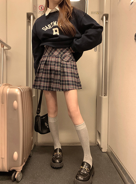 Ashy Snow 【福利折扣现货】藏蓝色学院风防走光半裙格子百褶裙