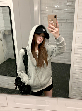 Ashy Snow 酷酷拽姐 灰色不对称翻领设计连帽卫衣外套高克重时髦