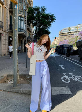 Ashy Snow 恋夏一族 蓝色条纹松弛感懒人裤休闲长裤抽绳清新直筒