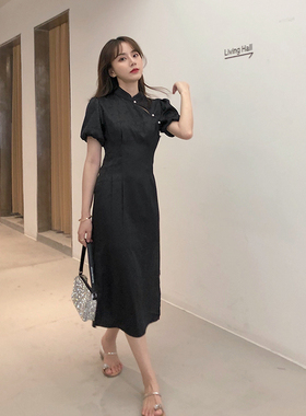 Ashy Snow 黑色绸缎提花改良旗袍小个子复古连衣裙