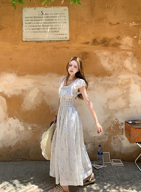 Ashy Snow 塞纳花房 刺绣碎花法式打揽收腰长款连衣裙蕾丝印花