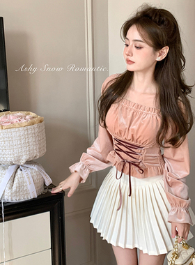 Ashy Snow 福利折扣款 桃乐丝/芭蕾少女感 方领丝绒绑带设计上衣