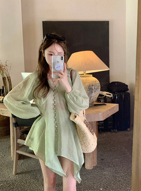 Ashy Snow【折扣清仓】雾光清茶/灵动下摆天丝收腰衬衫套装两件套