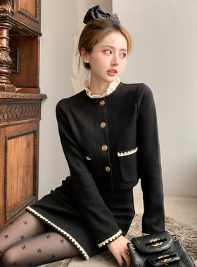 Ashy Snow 海蒂小姐 高腰小短款上衣A字半裙黑色小香花边针织套装