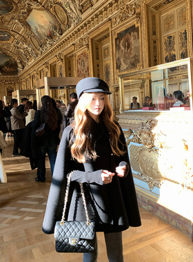 Ashy Snow【昭和千金】黑色羊毛双面呢斗篷大衣外套高克重丝绒扣