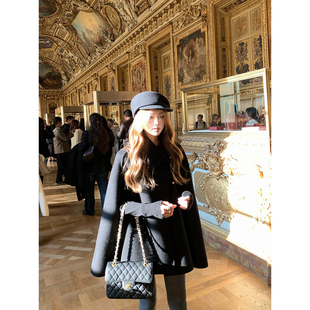 黑色羊毛双面呢斗篷大衣外套高克重丝绒扣 昭和千金 Ashy Snow