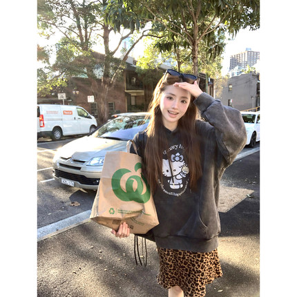 Ashy Snow 猫猫收藏家 水洗做旧深灰Kitty连帽套头卫衣美式复古