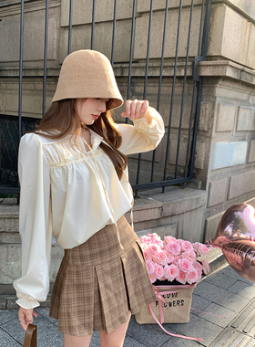 Ashy Snow 【折扣清仓】温柔奶杏法式乖巧抗皱长袖打褶衬衫女