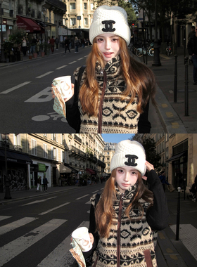 Ashy Snow巴恩少女 费尔岛双面穿羊羔毛马甲外套麂皮绒口袋提花