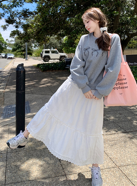 Ashy Snow月光变奏曲 白色蕾丝拼接春夏纯棉蛋糕裙中长款半身裙女