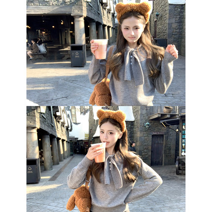 Ashy Snow 格鲁学院 领结设计毛衣正肩套头针织衫甜美俏皮显瘦