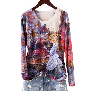 新款 中老年女长袖 薄款 打底衫 T恤上衣 桑蚕丝复古印花修身 2024夏季