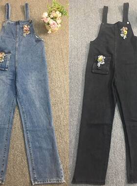 新款泰潮重工钉珠亮钻花朵刺绣高腰休闲宽松背带牛仔裤