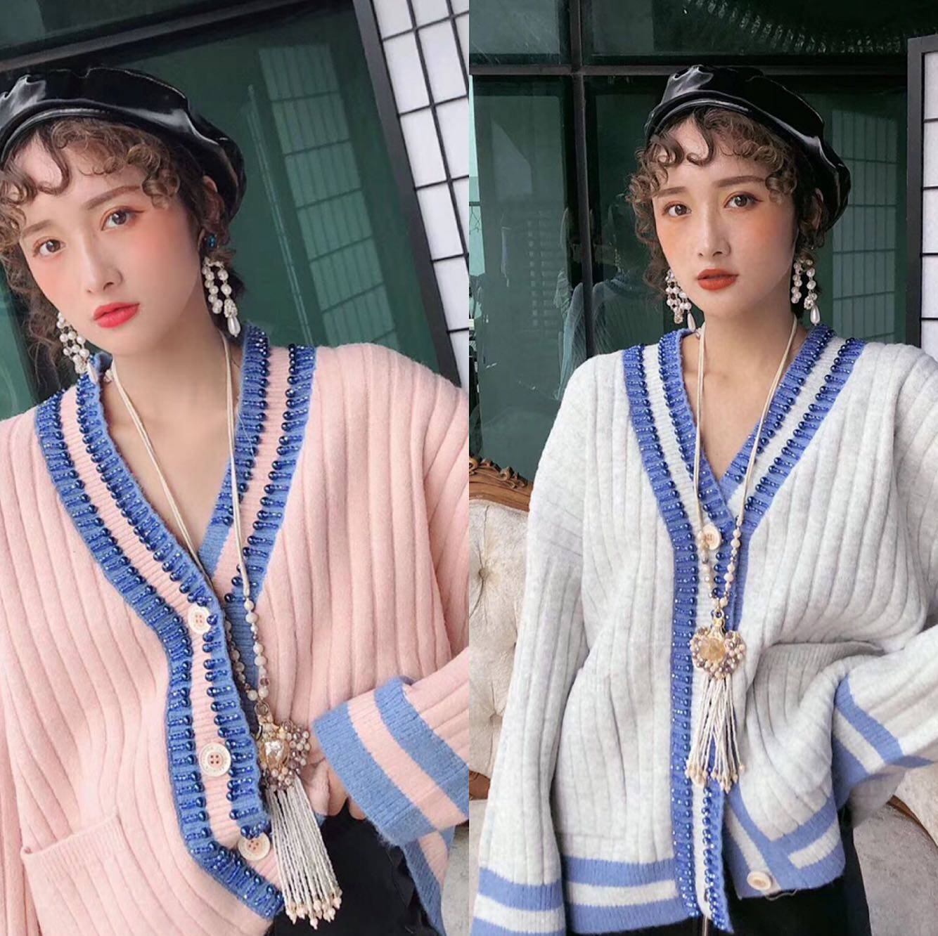 新款秋冬泰版重工钉珠毛衣外套女宽松外穿慵懒针织开衫