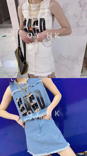 夏季时尚韩版字母印花无袖背心上衣+高腰a字短裙牛仔两件套套装裙