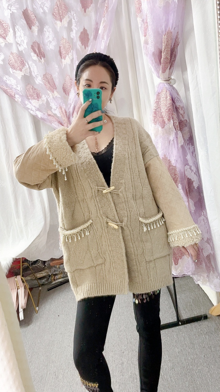 新款秋冬泰版重工钉珠毛衣外套女宽松外穿慵懒针织开衫