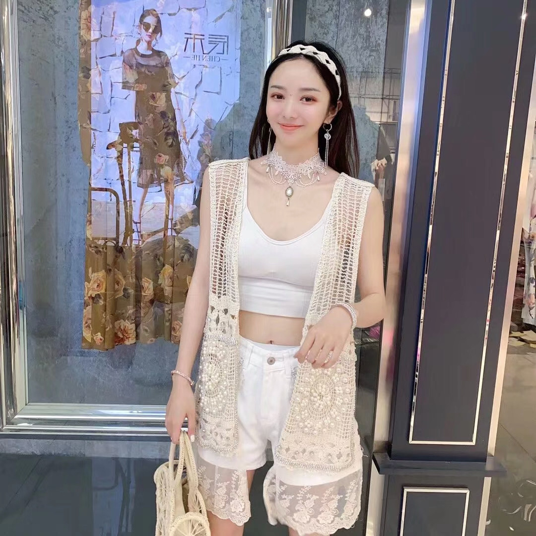 重手工钉珠针织流苏马甲夏女薄中长款无袖背心坎肩钩花镂空开衫