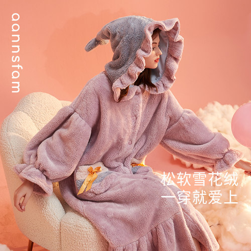 安之伴睡衣女秋冬珊瑚绒长款睡袍法兰绒连帽睡裙女加厚浴袍家居服