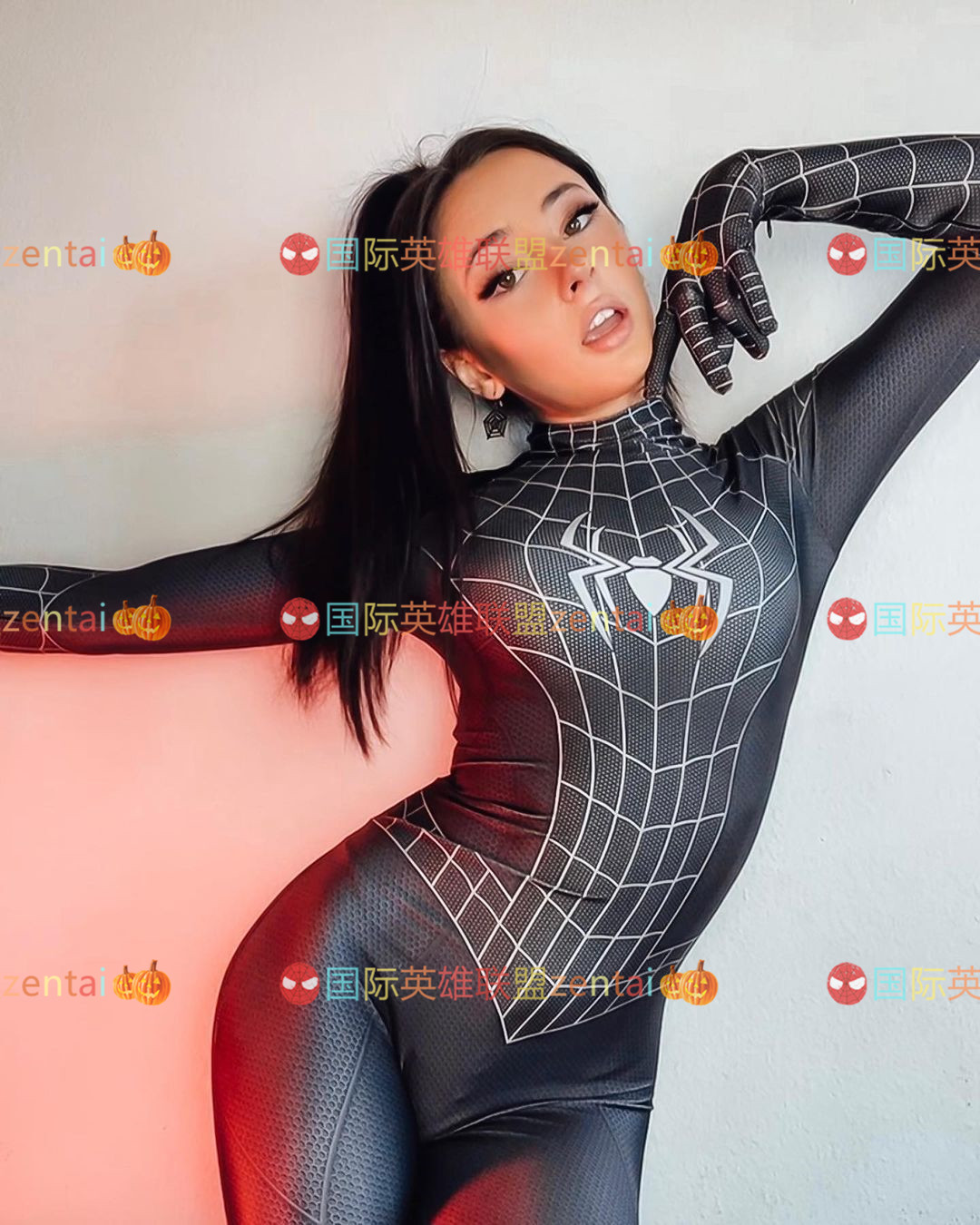 女款毒液蜘蛛侠连体紧身衣Spiderman Cosplay万圣节服 无头套