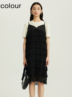 oldcolour夏季新品圆领黑白撞色时尚气质蛋糕裙套装女Q311005A1