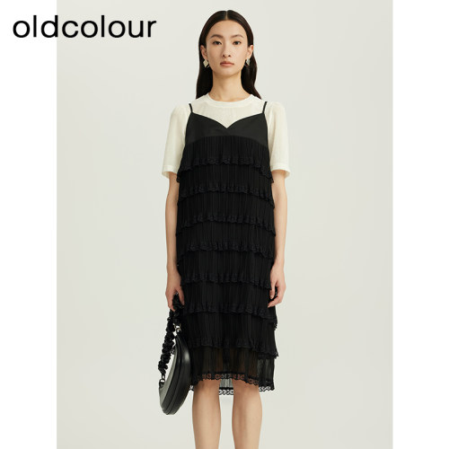 oldcolour夏季新品圆领黑白撞色时尚气质蛋糕裙套装女Q311005A1
