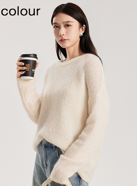 oldcolour春新款白色软糯温柔气质百搭宽松套头针织衫女Q110509A1