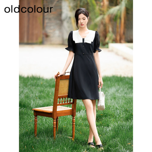 oldcolour夏季新款黑色优雅气质撞色减龄短款连衣裙女Q211003A1