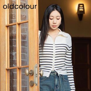 oldcolour春季新品经典条纹时尚通勤气质毛织短外套女BR140508A1