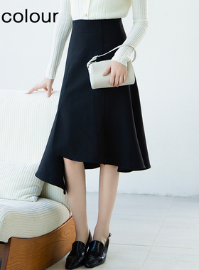 oldcolour春季新品黑色高腰时尚气质不规则百搭半身裙女Q120615A1