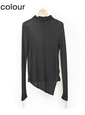 oldcolour黑色薄款T恤冬季新款宽松高领打底衫上衣女O44023415