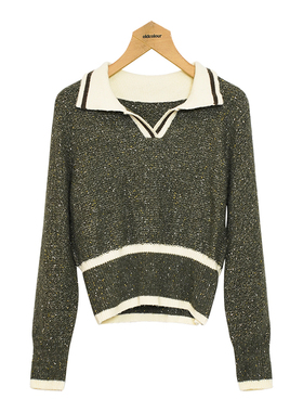 oldcolour绿色翻领针织衫冬季新款韩版小个子短款上衣女O48052408