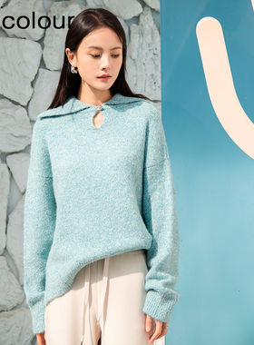 oldcolour春季新款蓝色设计感时尚气质宽松毛织套头衫女Q110518A1