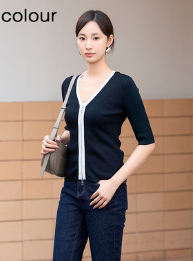 oldcolour春季新品时尚V领撞色洋气通勤设计感短外套女Q130513A1