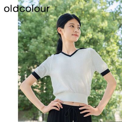 oldcolour夏季新款简约百搭V领撞色短袖针织套头上衣女Q240503A1