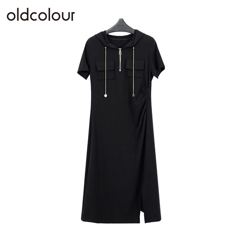 oldcolour欧珂夏季简约时尚通勤纯色开衩连帽短袖连衣裙女Q281003