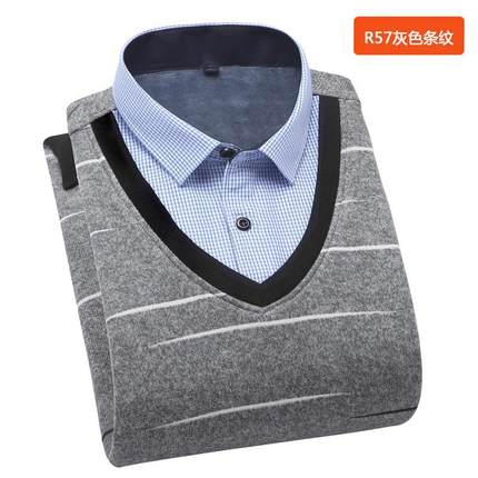 秋冬季加绒加厚假两件款长袖衬衫领套头毛衣休闲保暖针织衫衬衫
