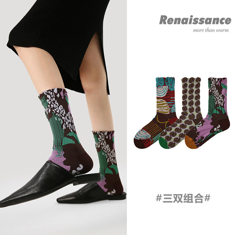 Renaissance文艺复兴原创袜子女袜复古无骨棉袜春秋中长筒袜子3双