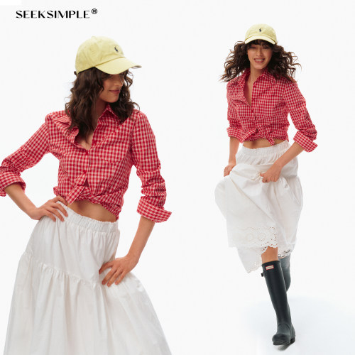 SEEKSIMPLE 高饱和色|修身显瘦|复古红白格纹正肩衬衫上衣