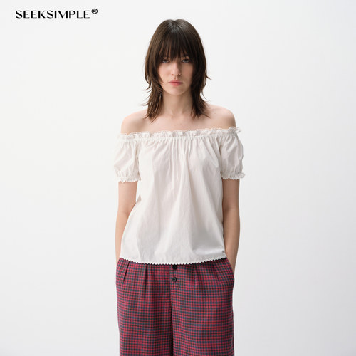 SEEKSIMPLE 花边抽褶设计感两穿泡泡袖短袖上衣D0936