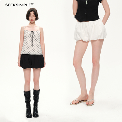 SEEKSIMPLE 锦纶面料|灯笼版型|松紧腰宽松花苞短款裤裙D0323