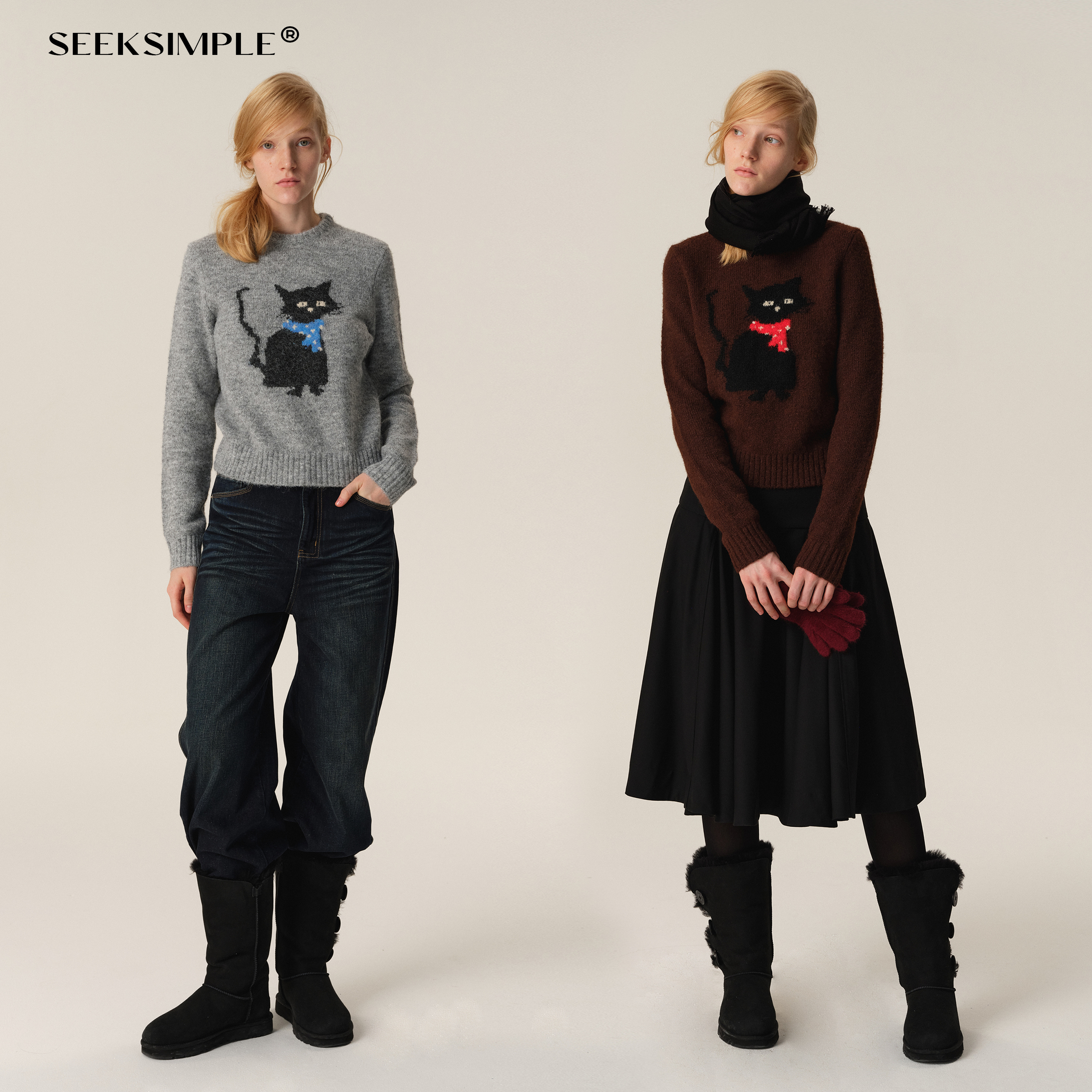 SEEKSIMPLE 冬季猫咪提花圆领套头绵羊毛毛衣女宽松显瘦针织上衣