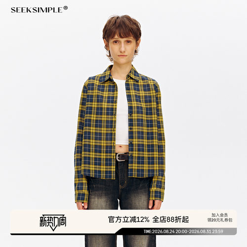 SEEKSIMPLE 日本进口三醋酸格纹长袖衬衫复古正肩修身上衣D0220