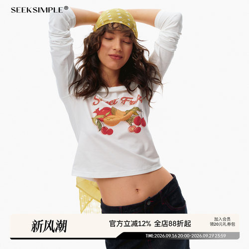 SEEKSIMPLE 高密棉纺|水果印花|复古正肩长袖短款t恤上衣D0446