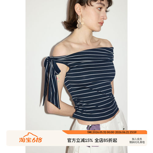 SEEKSIMPLE 高弹亲肤 绑带翻折一字领不规则设计收腰露肩t恤上衣