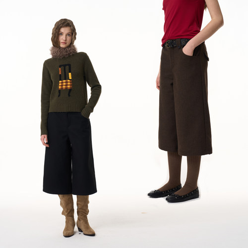 7分休闲裤子中腰毛呢直筒