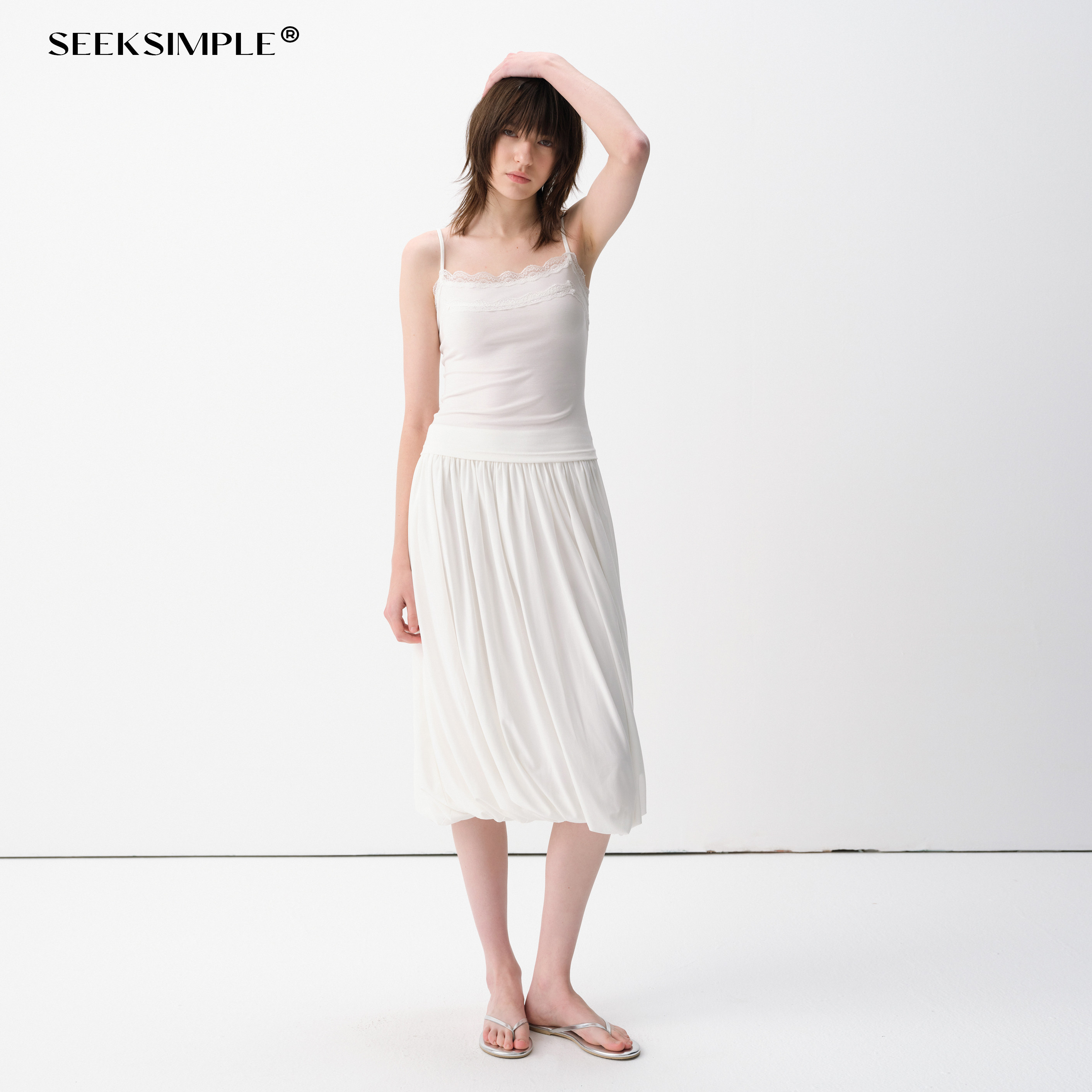 SEEKSIMPLE 低腰压褶花苞过膝半身裙D0345
