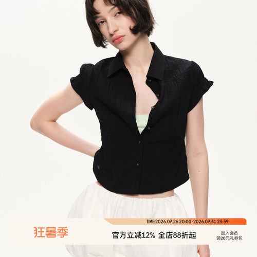 SEEKSIMPLE 复古脏染暗格纹面料|收腰塑型|泡泡袖短款衬衫上衣