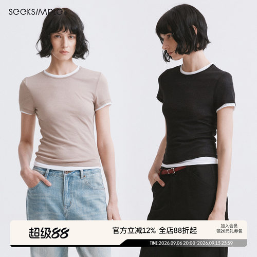 SEEKSIMPLE 轻薄透气棉质假两件叠穿撞色圆领短袖T恤上衣D0467