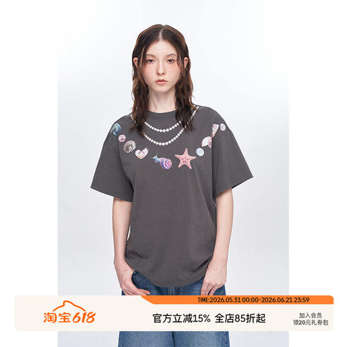 海洋元素珍珠项链印花宽松T恤